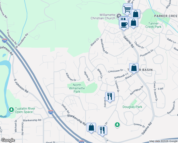map of restaurants, bars, coffee shops, grocery stores, and more near 2130 Alpine Drive in West Linn