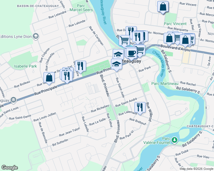 map of restaurants, bars, coffee shops, grocery stores, and more near 85A Rue Primeau in Châteauguay
