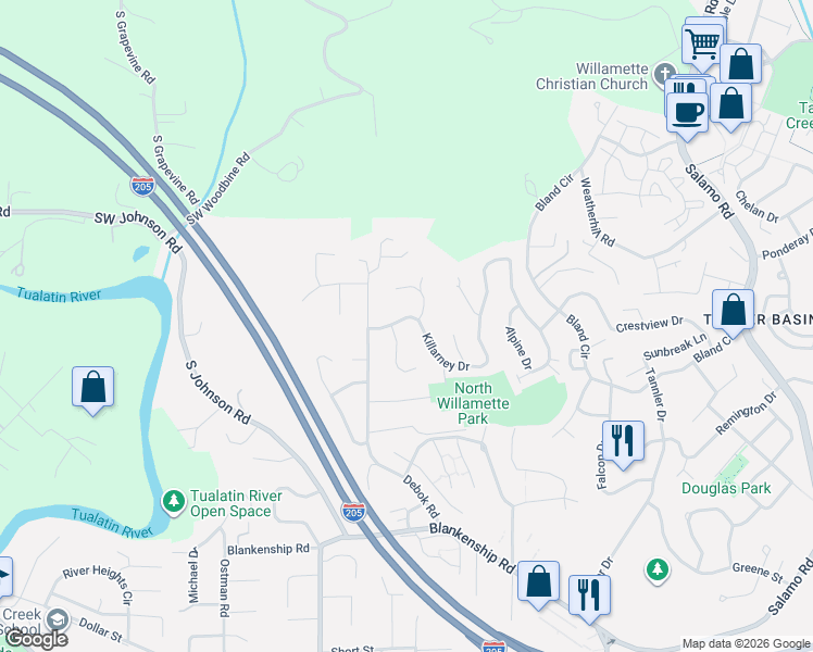 map of restaurants, bars, coffee shops, grocery stores, and more near 1431 Killarney Drive in West Linn
