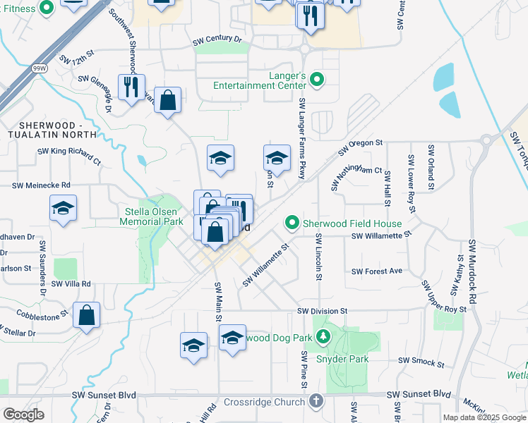 map of restaurants, bars, coffee shops, grocery stores, and more near 22550 Southwest HIghland Drive in Sherwood