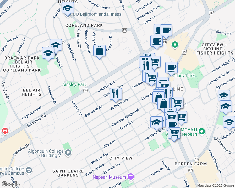 map of restaurants, bars, coffee shops, grocery stores, and more near 47 Starwood Road in Ottawa