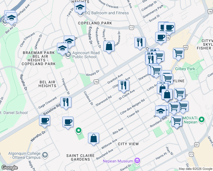 map of restaurants, bars, coffee shops, grocery stores, and more near 70 Granton Avenue in Ottawa
