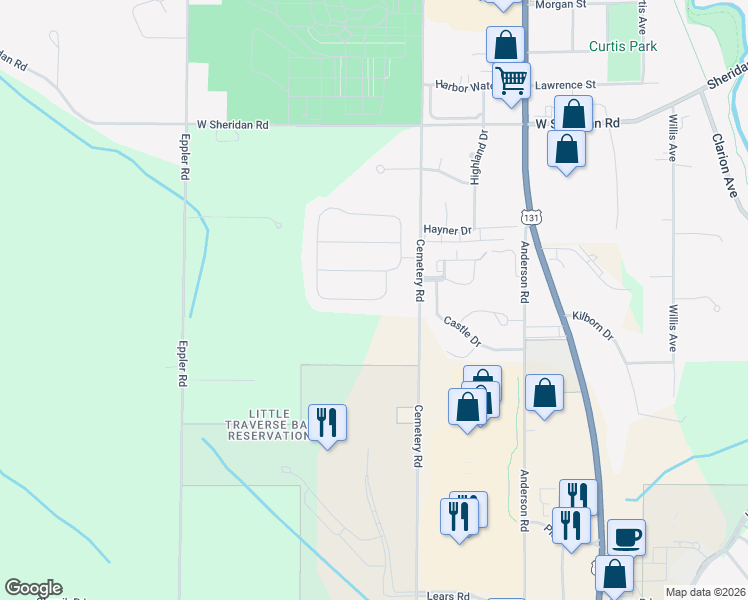 map of restaurants, bars, coffee shops, grocery stores, and more near 258 Skyview Street in Petoskey