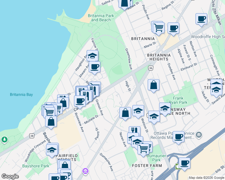 map of restaurants, bars, coffee shops, grocery stores, and more near 2850 Carling Avenue in Ottawa