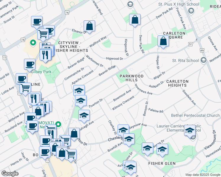 map of restaurants, bars, coffee shops, grocery stores, and more near 8 Newbury Avenue in Ottawa