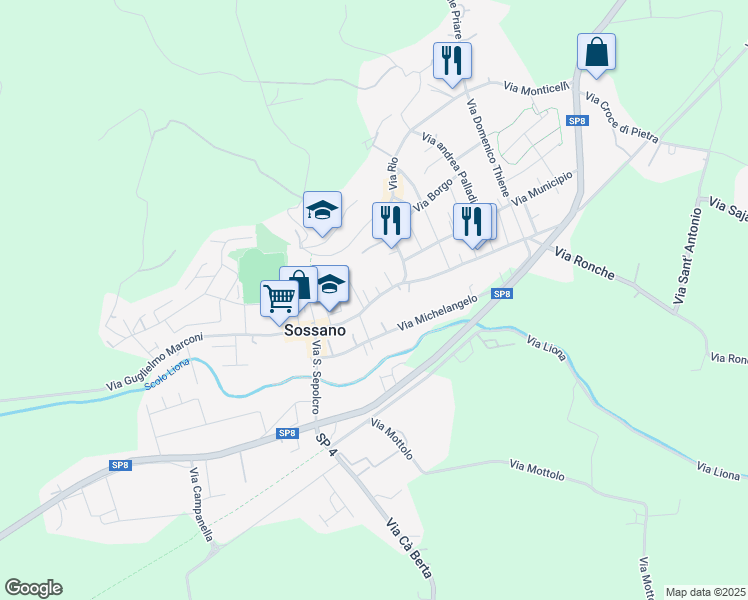 map of restaurants, bars, coffee shops, grocery stores, and more near 44 Via Roma in Sossano