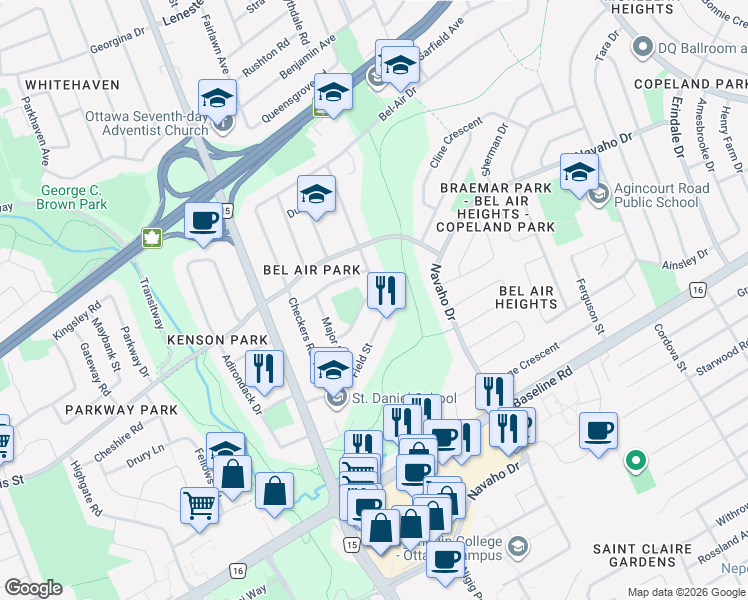 map of restaurants, bars, coffee shops, grocery stores, and more near 1202 Field Street in Ottawa