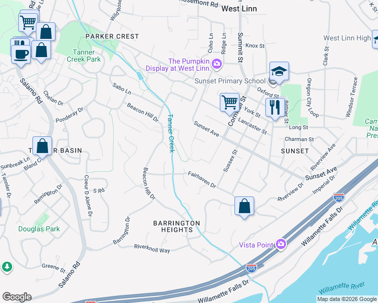 map of restaurants, bars, coffee shops, grocery stores, and more near 3755 Fairhaven Drive in West Linn