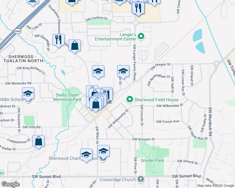 map of restaurants, bars, coffee shops, grocery stores, and more near 22550 Southwest HIghland Drive in Sherwood