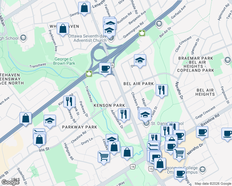 map of restaurants, bars, coffee shops, grocery stores, and more near in Ottawa