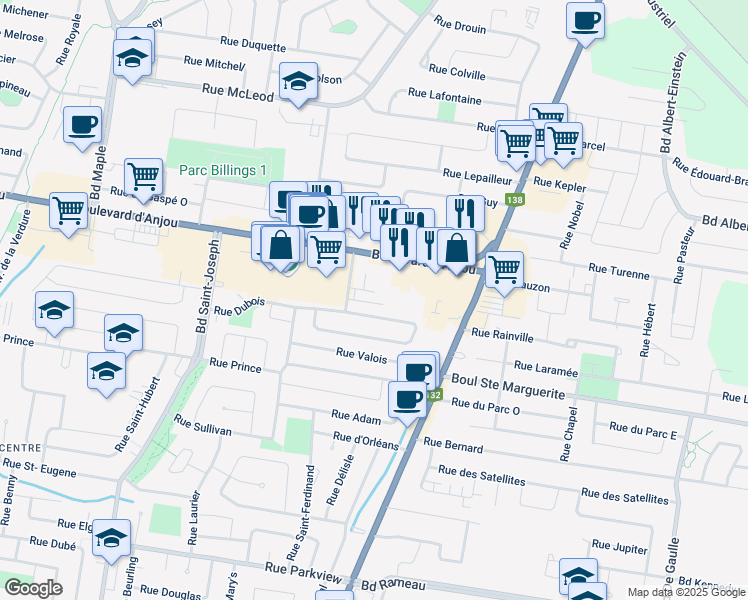 map of restaurants, bars, coffee shops, grocery stores, and more near 25 Rue Maheu in Châteauguay