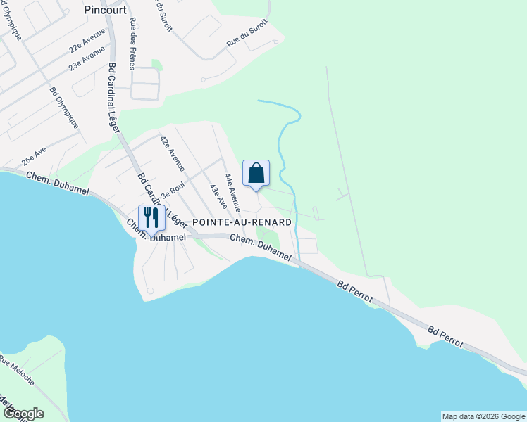 map of restaurants, bars, coffee shops, grocery stores, and more near 112 Chemin Pointe-Aux-Renards in Pincourt