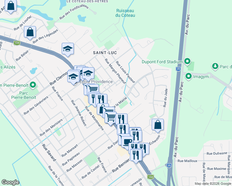 map of restaurants, bars, coffee shops, grocery stores, and more near 1214 Boulevard de la Mairie in Saint-Jean-sur-Richelieu