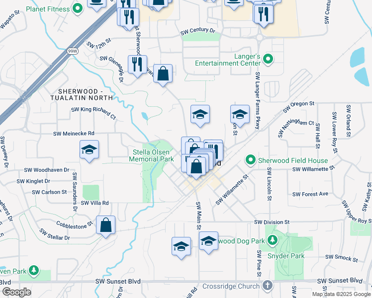 map of restaurants, bars, coffee shops, grocery stores, and more near 22021 Southwest Sherwood Boulevard in Sherwood