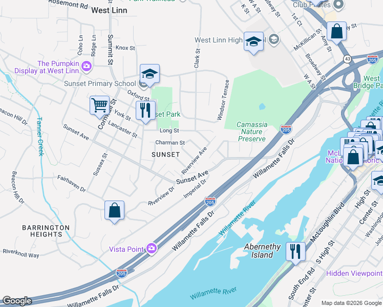 map of restaurants, bars, coffee shops, grocery stores, and more near 2088 Oak Street in West Linn