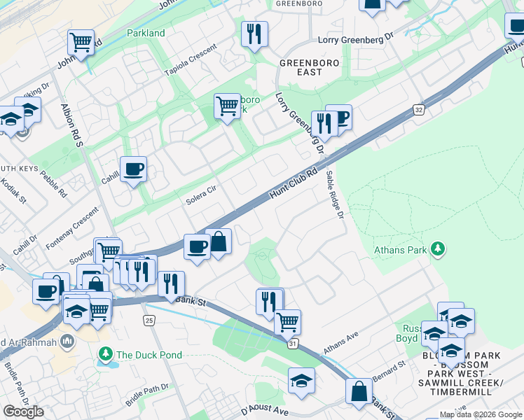 map of restaurants, bars, coffee shops, grocery stores, and more near 56 Havenhurst Crescent in Ottawa