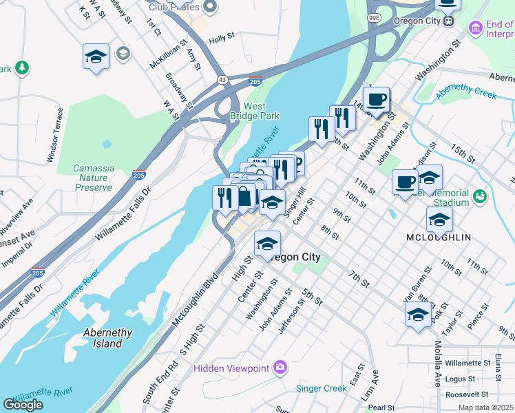 map of restaurants, bars, coffee shops, grocery stores, and more near 714 Main Street in Oregon City