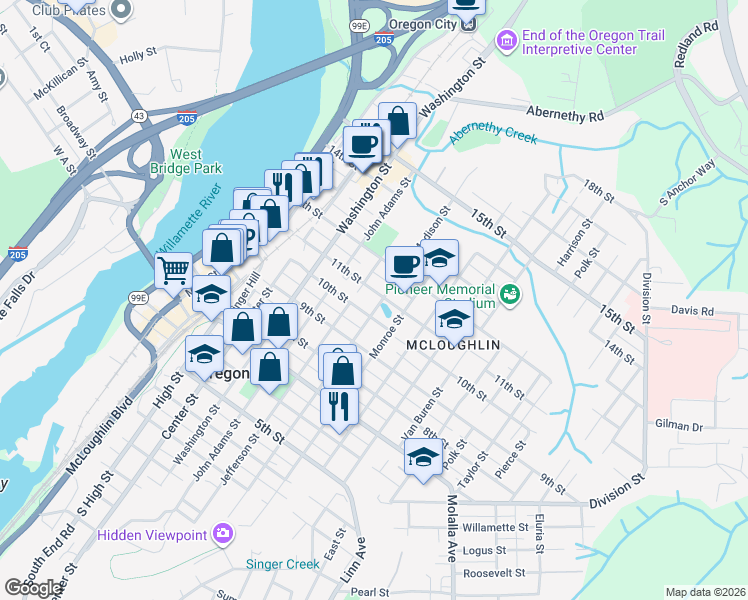 map of restaurants, bars, coffee shops, grocery stores, and more near 812 12th Street in Oregon City