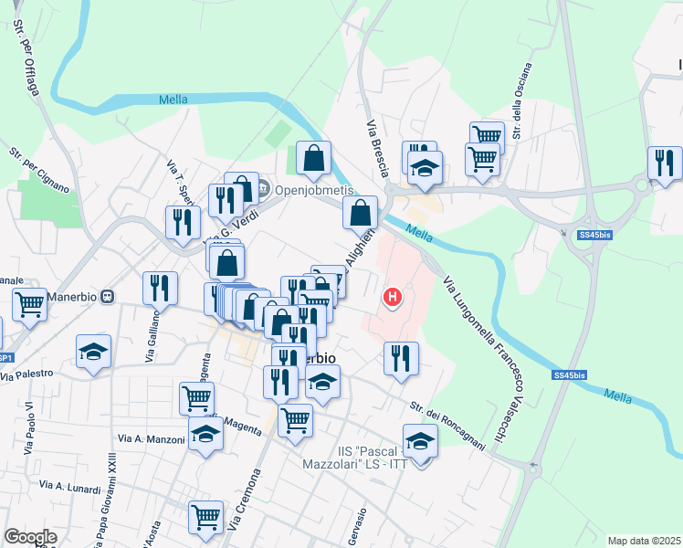 map of restaurants, bars, coffee shops, grocery stores, and more near Via Santa Vecchia in Manerbio