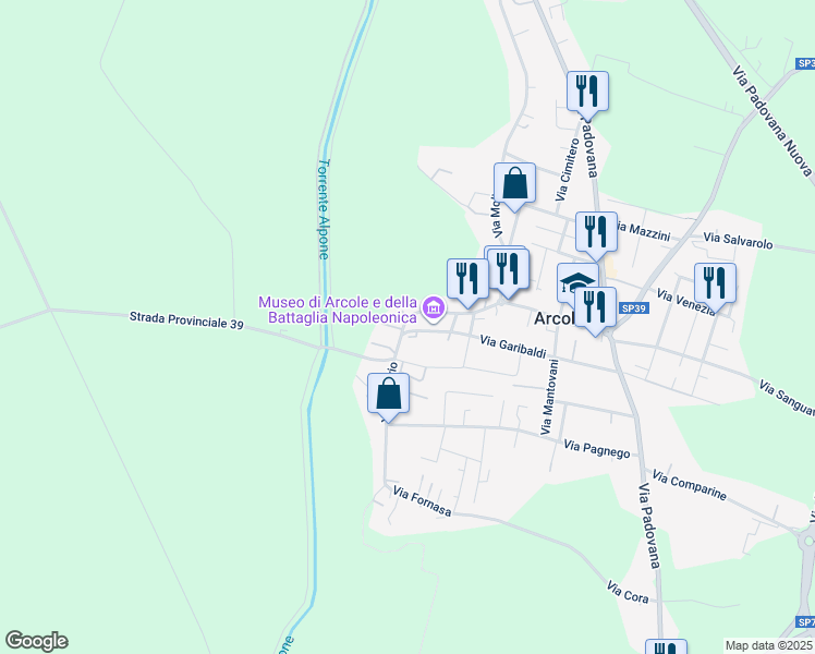 map of restaurants, bars, coffee shops, grocery stores, and more near 16F Via Rosario in Arcole