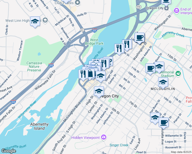 map of restaurants, bars, coffee shops, grocery stores, and more near 714 Main Street in Oregon City
