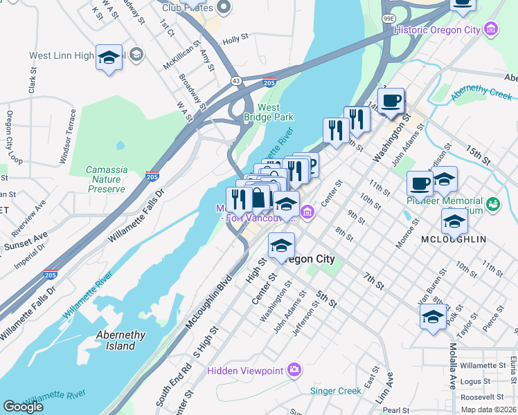 map of restaurants, bars, coffee shops, grocery stores, and more near 714 Main Street in Oregon City