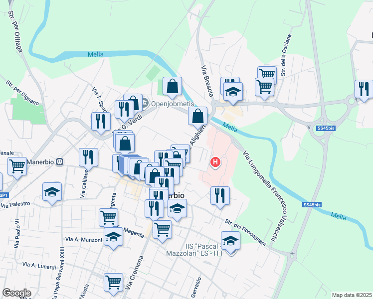 map of restaurants, bars, coffee shops, grocery stores, and more near Via San Faustino in Manerbio