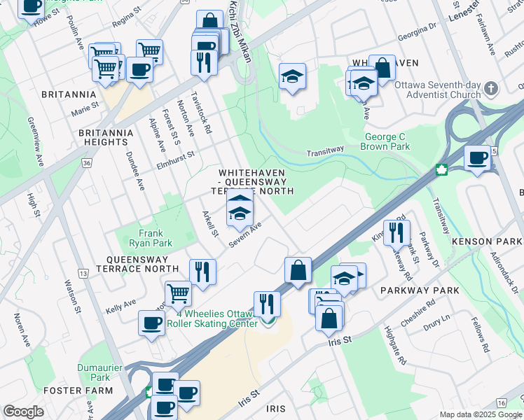 map of restaurants, bars, coffee shops, grocery stores, and more near 980 Connaught Avenue in Ottawa
