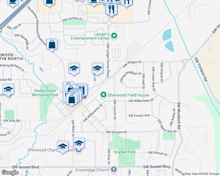 map of restaurants, bars, coffee shops, grocery stores, and more near 15440 Southwest Oregon Street in Sherwood