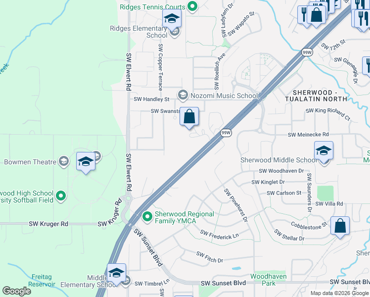 map of restaurants, bars, coffee shops, grocery stores, and more near 22270 Southwest Bushong Terrace in Sherwood