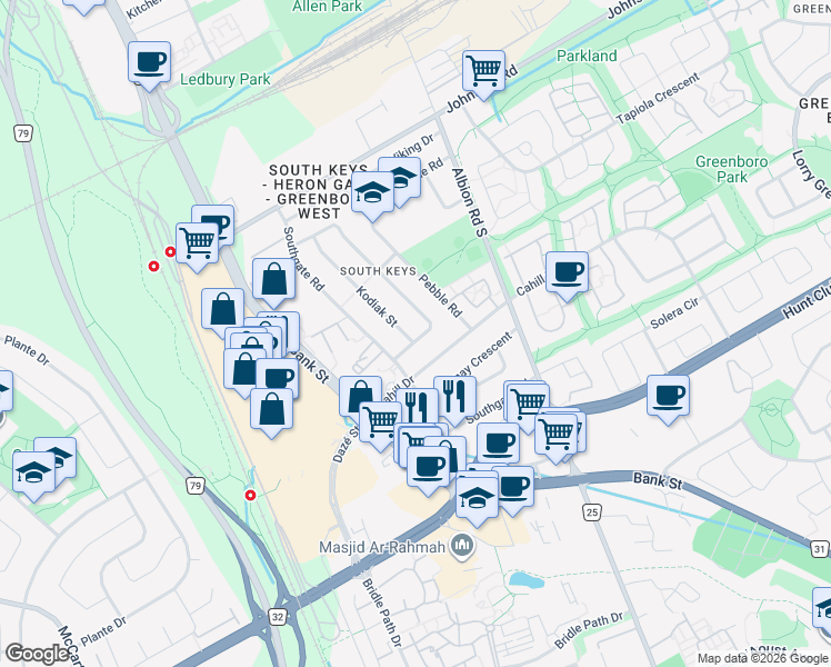 map of restaurants, bars, coffee shops, grocery stores, and more near 3370 Clearwater Crescent in Ottawa