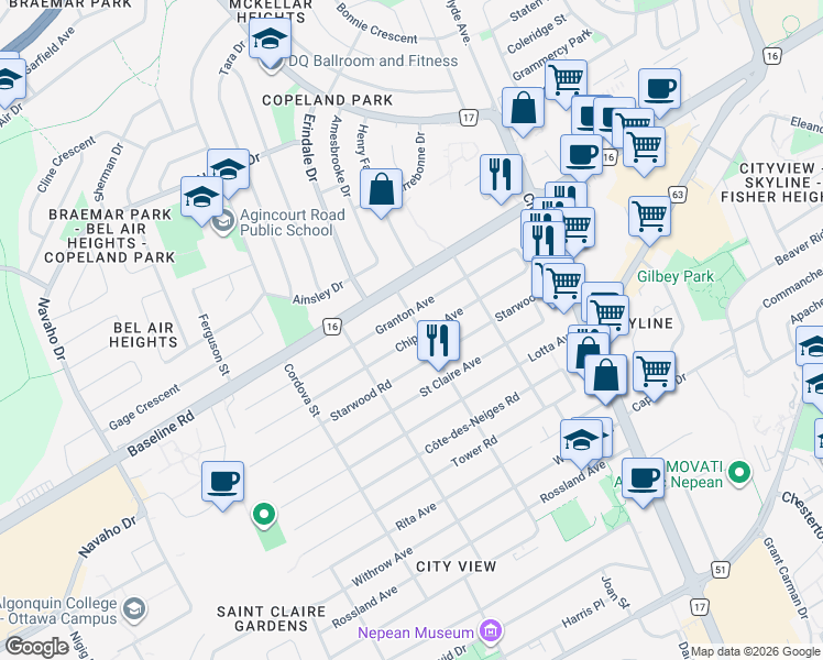 map of restaurants, bars, coffee shops, grocery stores, and more near 53 Chippewa Avenue in Ottawa