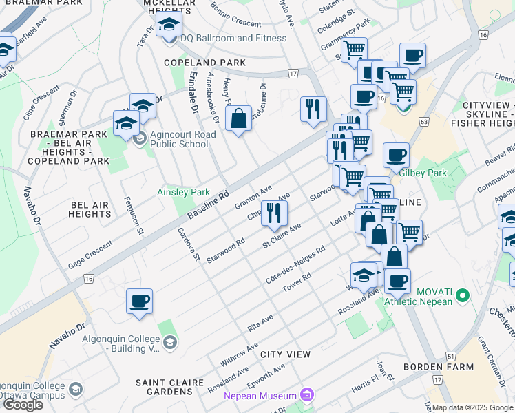 map of restaurants, bars, coffee shops, grocery stores, and more near in Ottawa