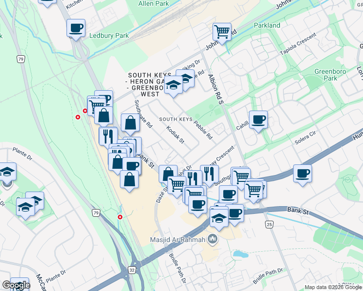 map of restaurants, bars, coffee shops, grocery stores, and more near 3340 Kodiak Street in Ottawa