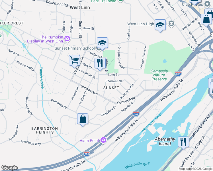 map of restaurants, bars, coffee shops, grocery stores, and more near 4405 Grant Street in West Linn