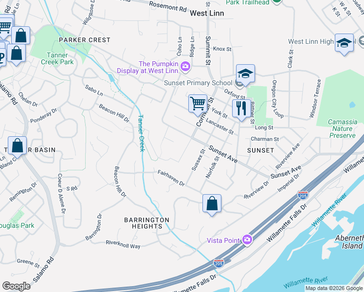 map of restaurants, bars, coffee shops, grocery stores, and more near 4192 Cornwall Street in West Linn