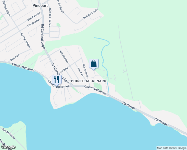 map of restaurants, bars, coffee shops, grocery stores, and more near 112 Chemin Pointe-Aux-Renards in Pincourt