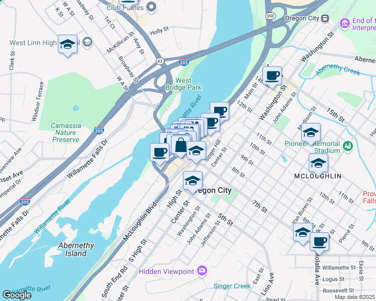 map of restaurants, bars, coffee shops, grocery stores, and more near 714 Main Street in Oregon City