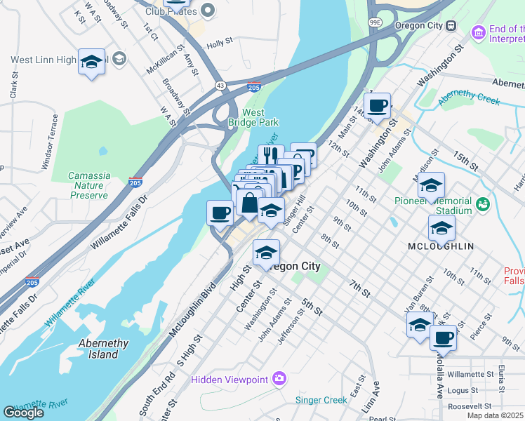 map of restaurants, bars, coffee shops, grocery stores, and more near 804 Main Street in Oregon City