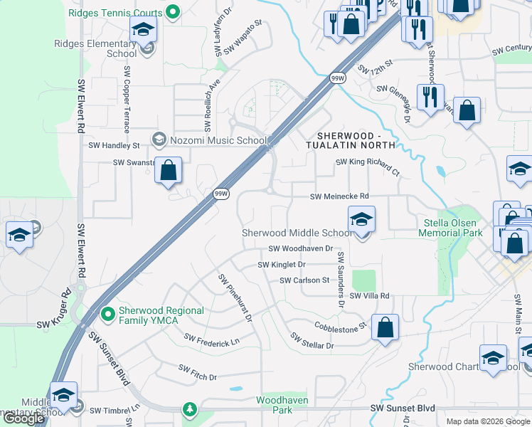 map of restaurants, bars, coffee shops, grocery stores, and more near 22343 Southwest Timber Crossing Terrace in Sherwood
