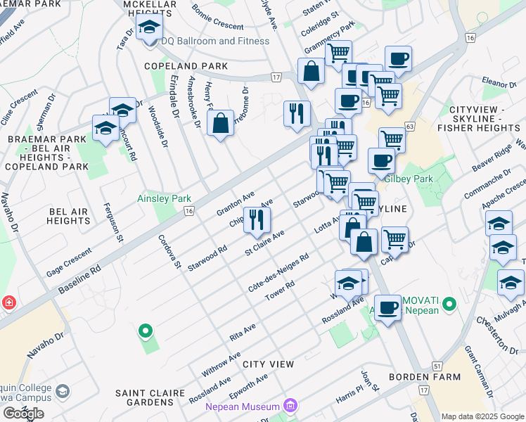 map of restaurants, bars, coffee shops, grocery stores, and more near in Ottawa