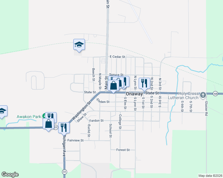map of restaurants, bars, coffee shops, grocery stores, and more near 3601-3651 North Veterans Drive in Onaway