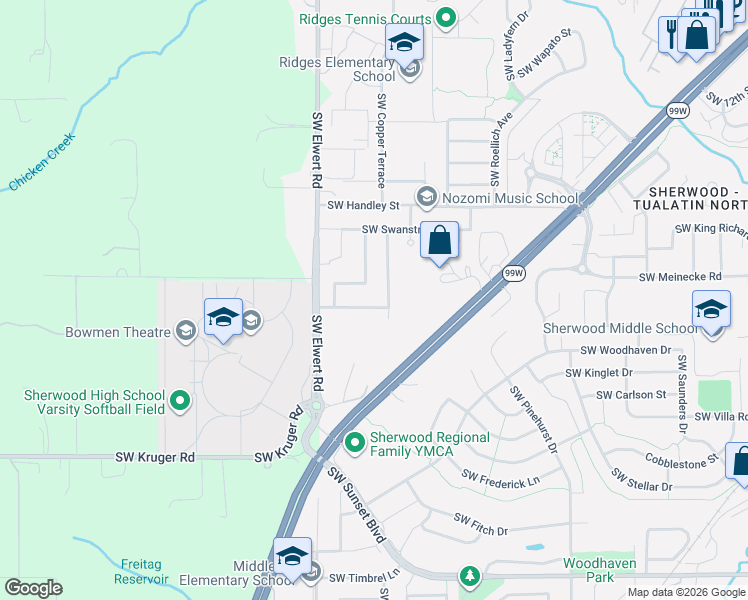 map of restaurants, bars, coffee shops, grocery stores, and more near 18245 Southwest Orchard Hill Lane in Sherwood