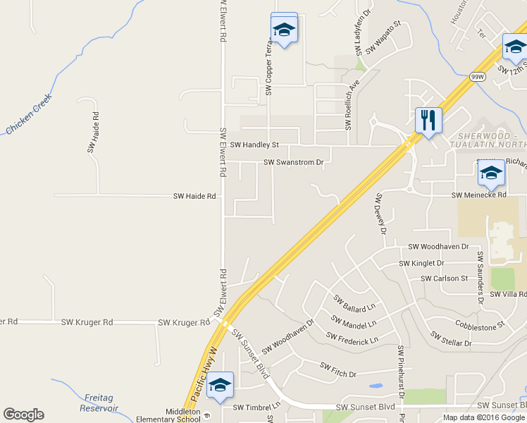 map of restaurants, bars, coffee shops, grocery stores, and more near 18245 Southwest Orchard Hill Lane in Sherwood
