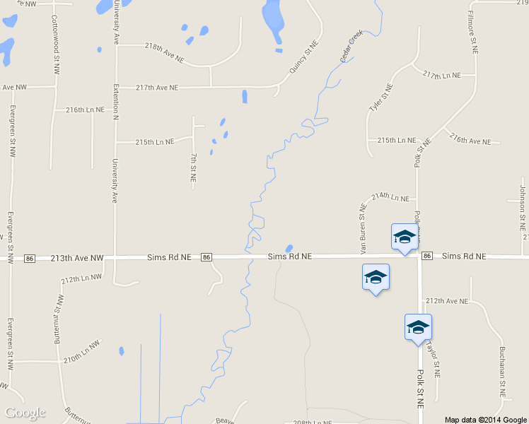 map of restaurants, bars, coffee shops, grocery stores, and more near 629 Sims Road Northeast in East Bethel