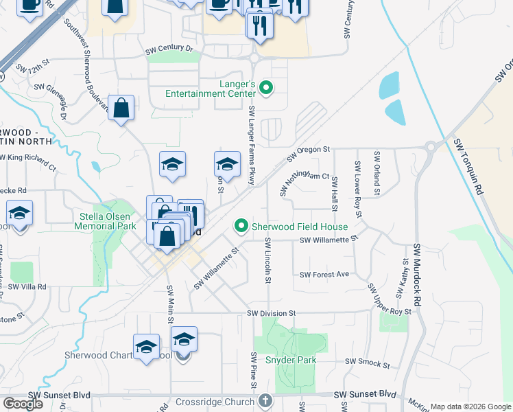 map of restaurants, bars, coffee shops, grocery stores, and more near 15440 Southwest Oregon Street in Sherwood
