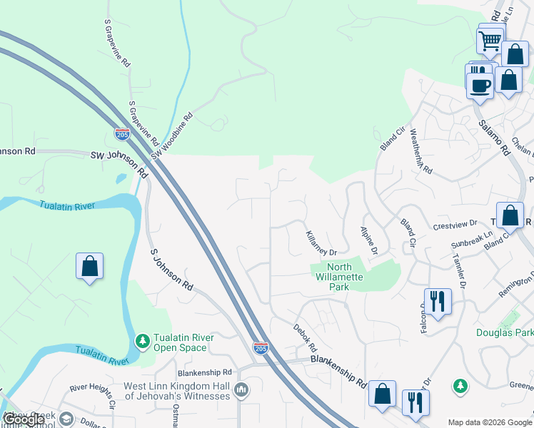 map of restaurants, bars, coffee shops, grocery stores, and more near 2557 Debok Road in West Linn