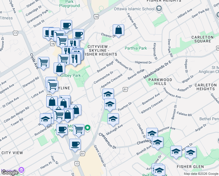 map of restaurants, bars, coffee shops, grocery stores, and more near in Ottawa