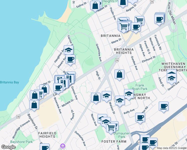 map of restaurants, bars, coffee shops, grocery stores, and more near 804 High Street in Ottawa