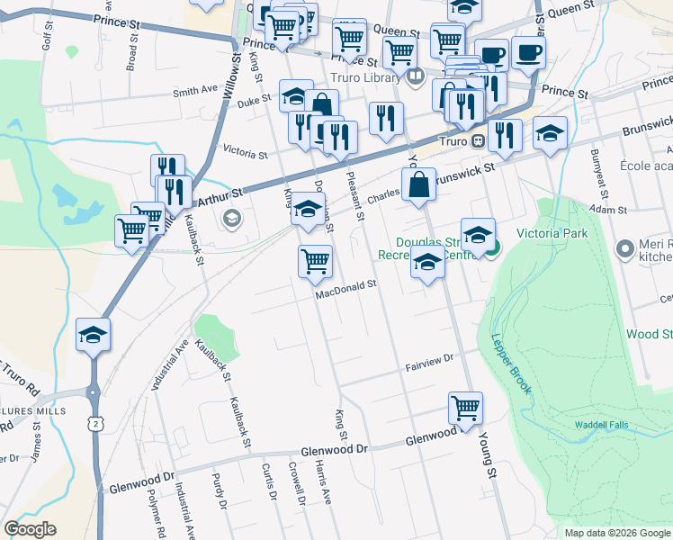 map of restaurants, bars, coffee shops, grocery stores, and more near 174 Dominion Street in Truro